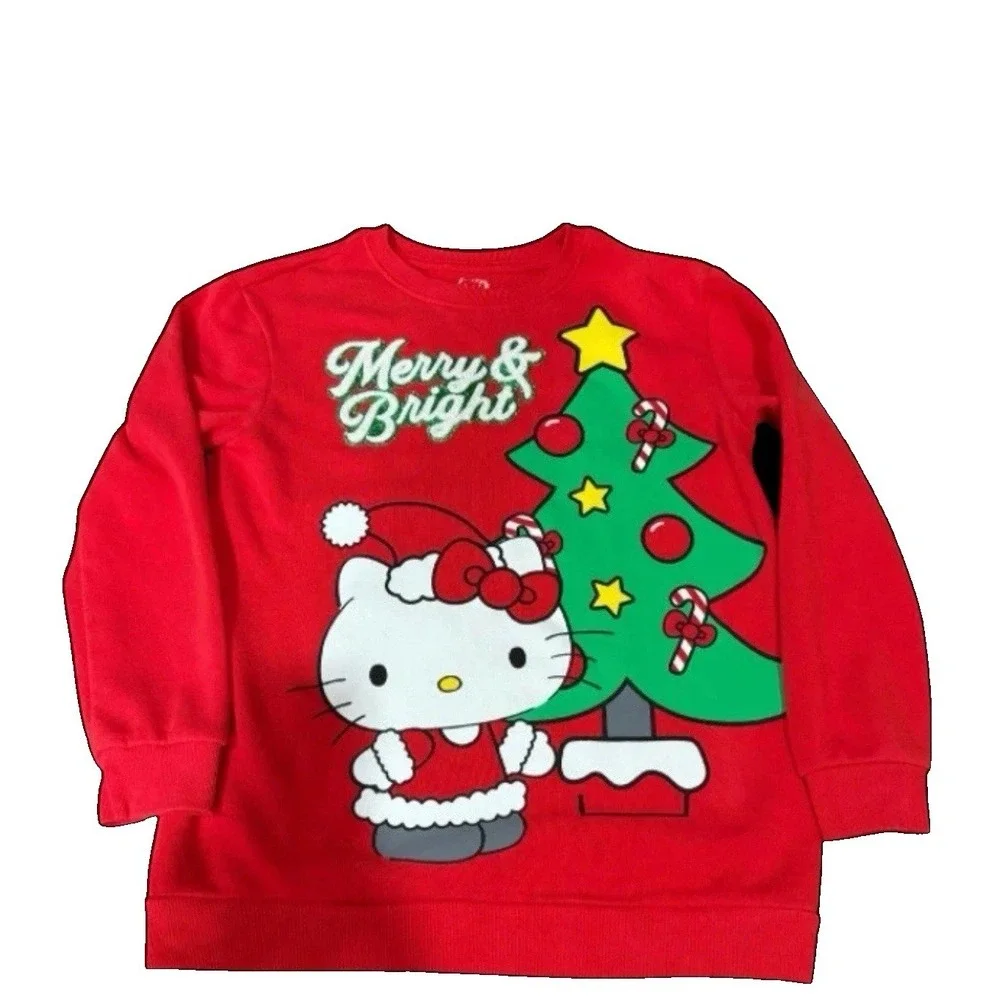 Hello Kitty Girls XL Red Christmas Sweatshirt Merry & Bright Santa Holiday Cute‎